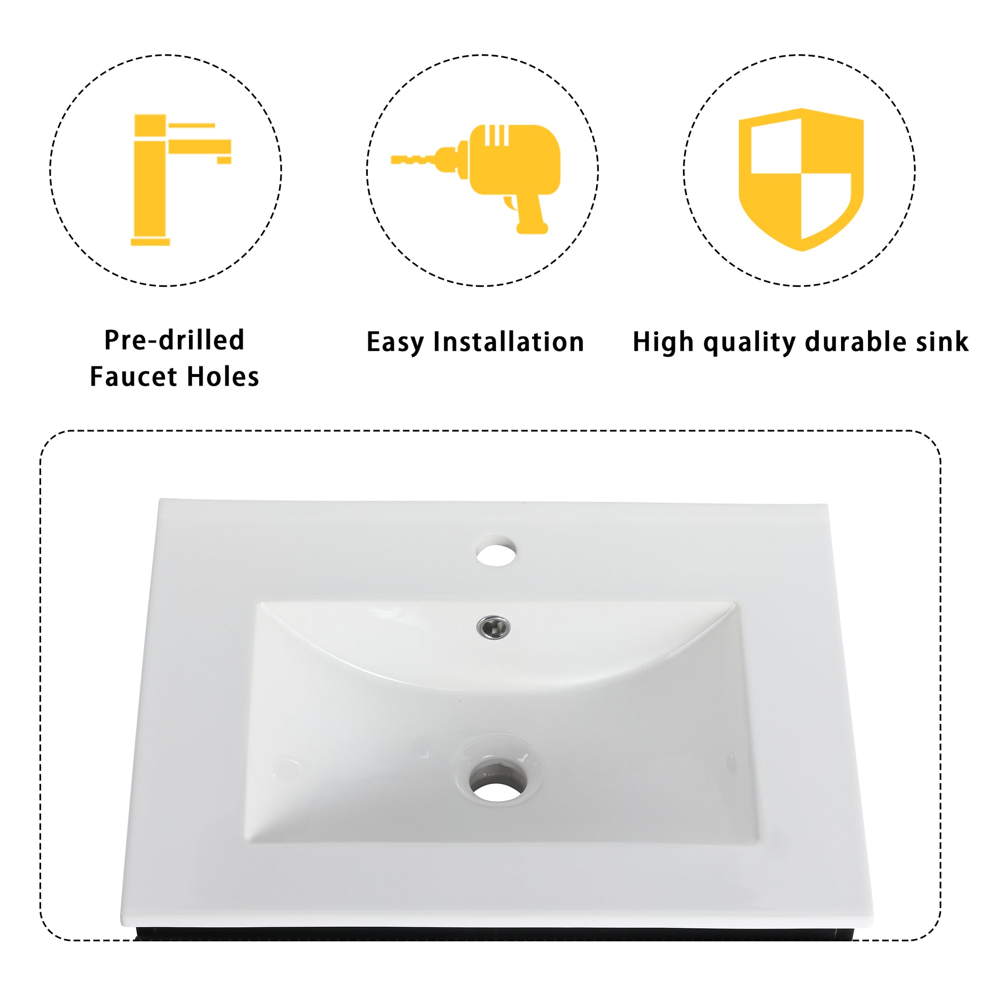 White ceramic bathroom sink with predrilled faucet holes and a central drain
