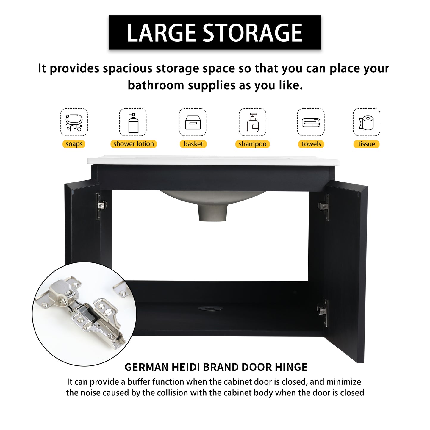 Black bathroom vanity cabinet with spacious interior for storage