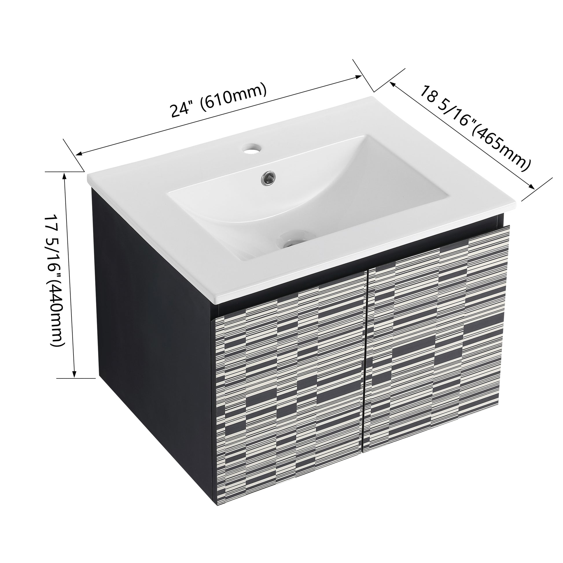 inch modern vanity with white ceramic sink and black cabinet with geometric stripe doors