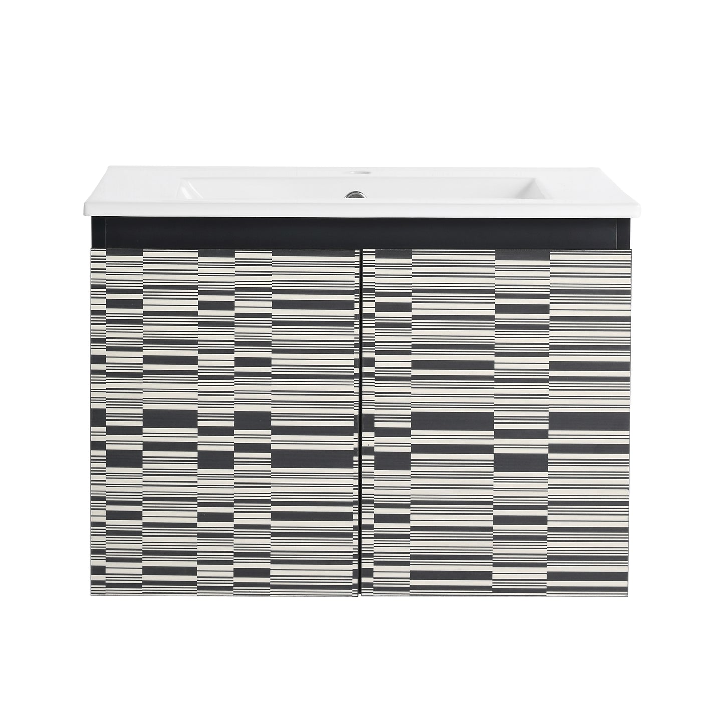 Modern black and white striped bathroom vanity with integrated sink