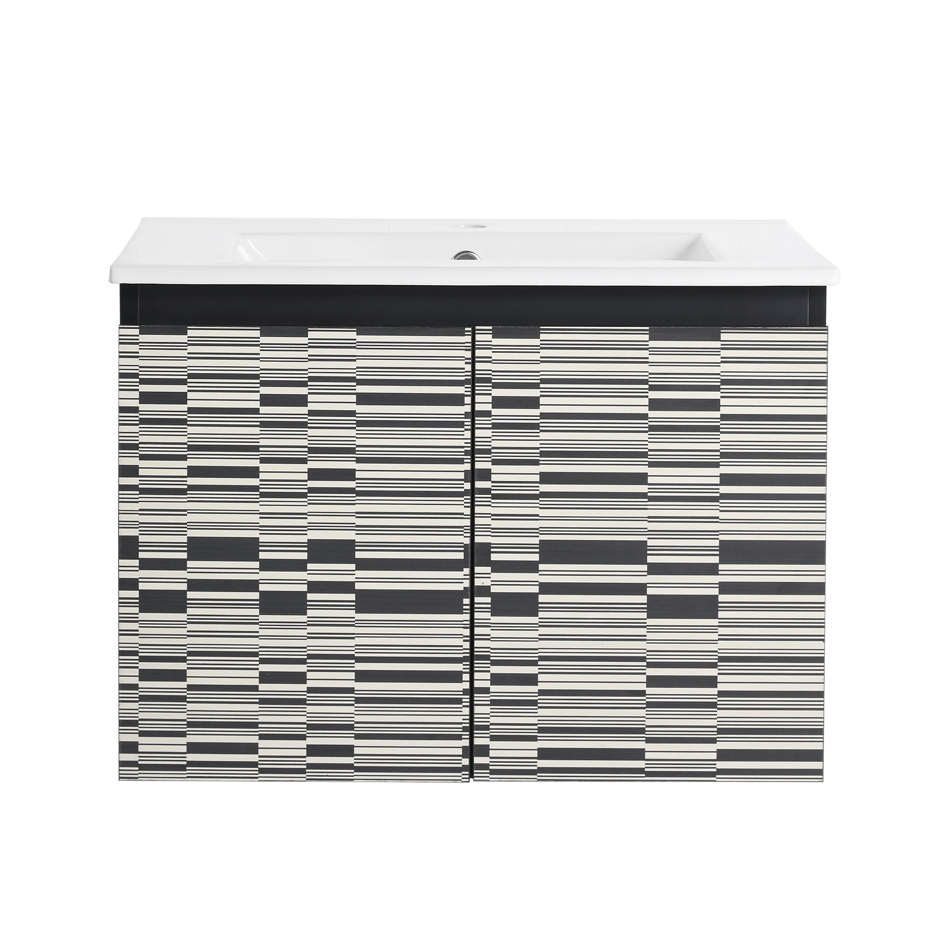 Modern black and white striped bathroom vanity with integrated sink