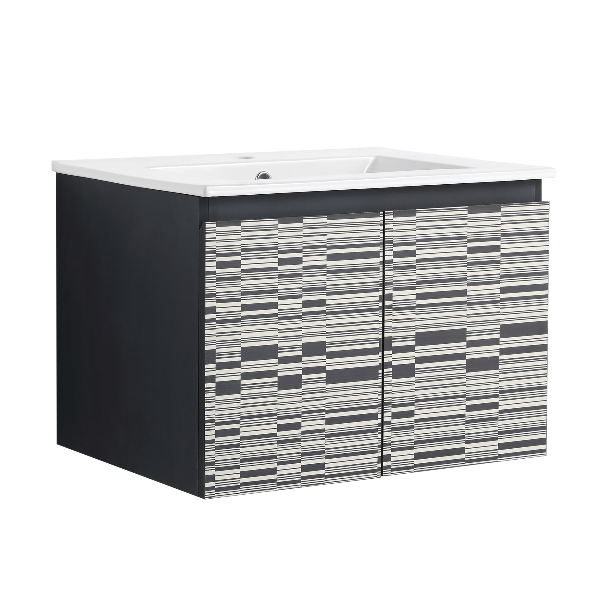 Modern black vanity with geometric patterned doors and integrated white sink