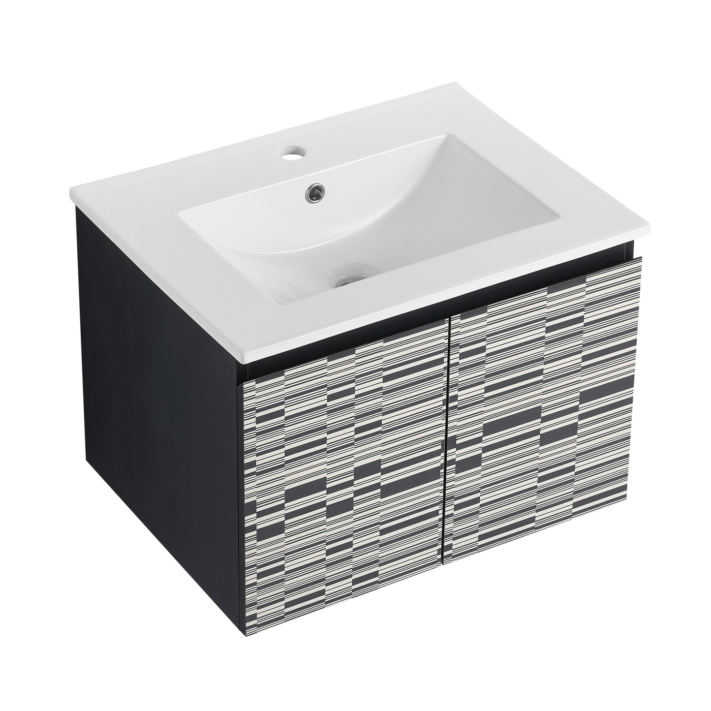 Modern bathroom vanity with white ceramic sink and striped cabinet doors