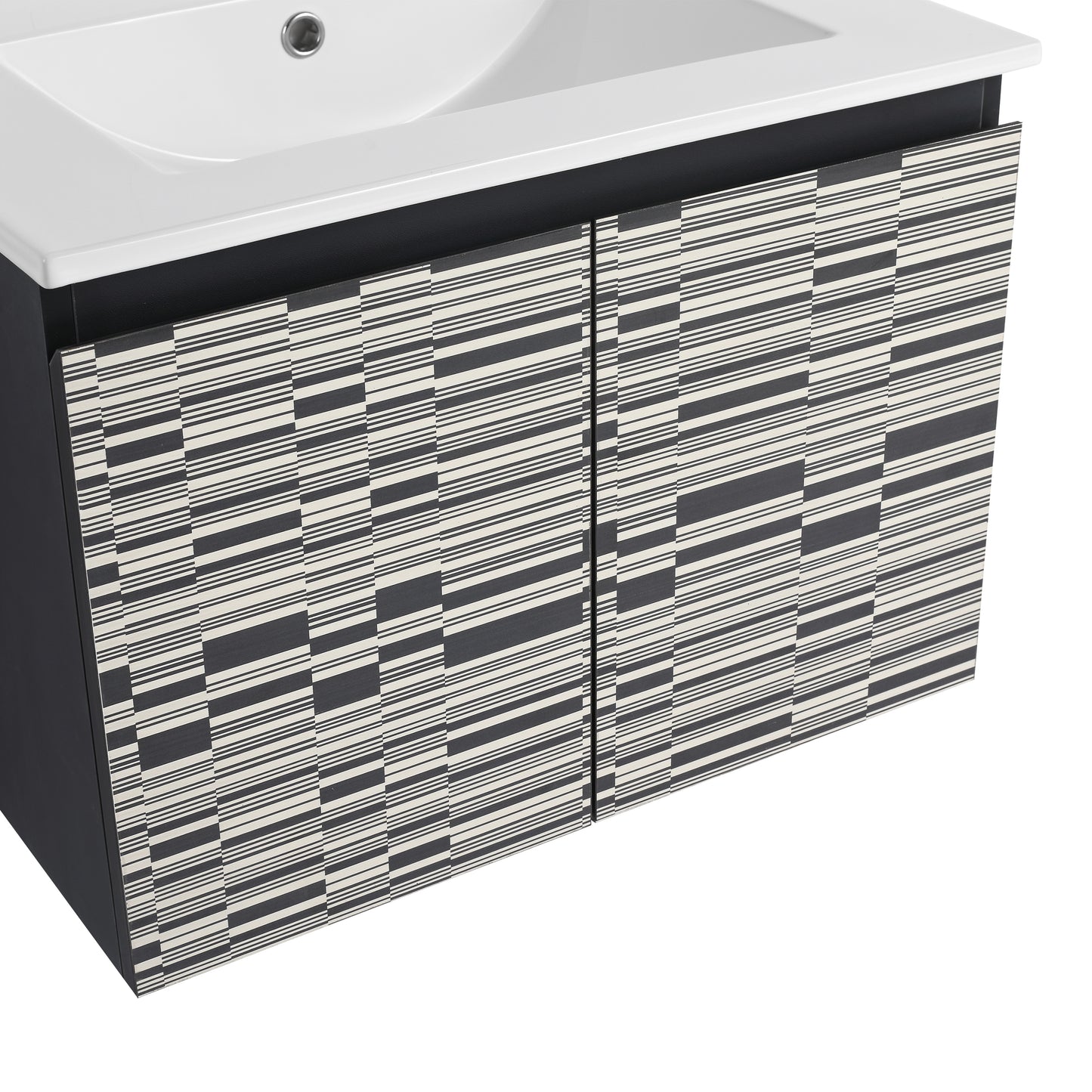 Modern bathroom vanity with white ceramic sink and abstract striped cabinet doors in black and cream