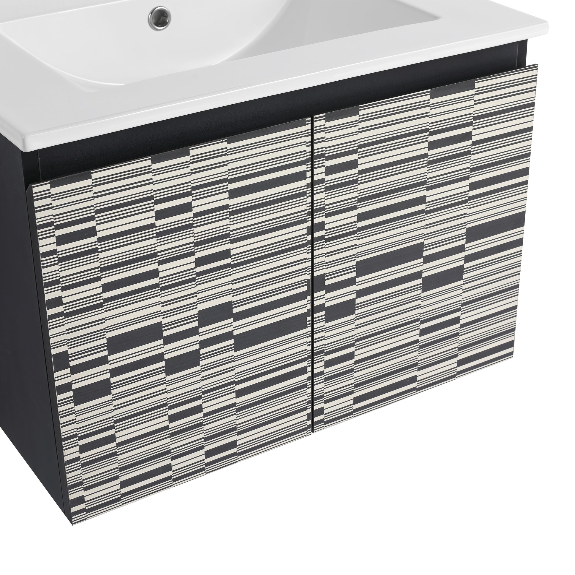 Modern bathroom vanity with white ceramic sink and abstract striped cabinet doors in black and cream