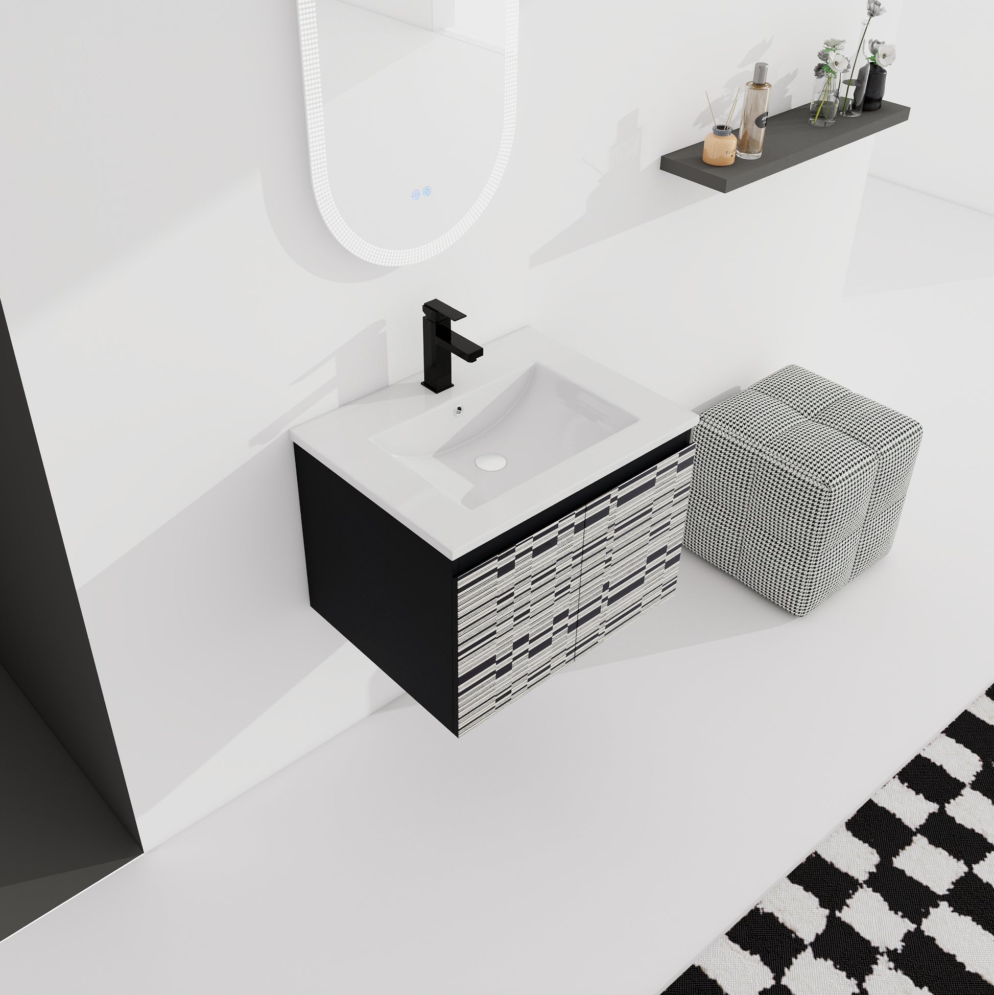 Modern black bathroom vanity with geometric wood inlay and white ceramic sink