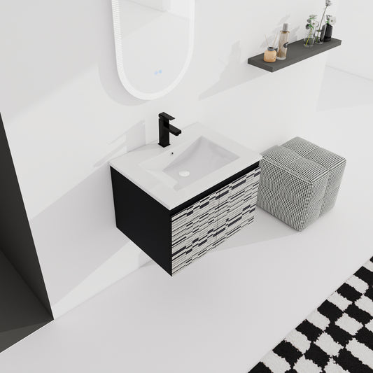 Modern black bathroom vanity with geometric wood inlay and white ceramic sink