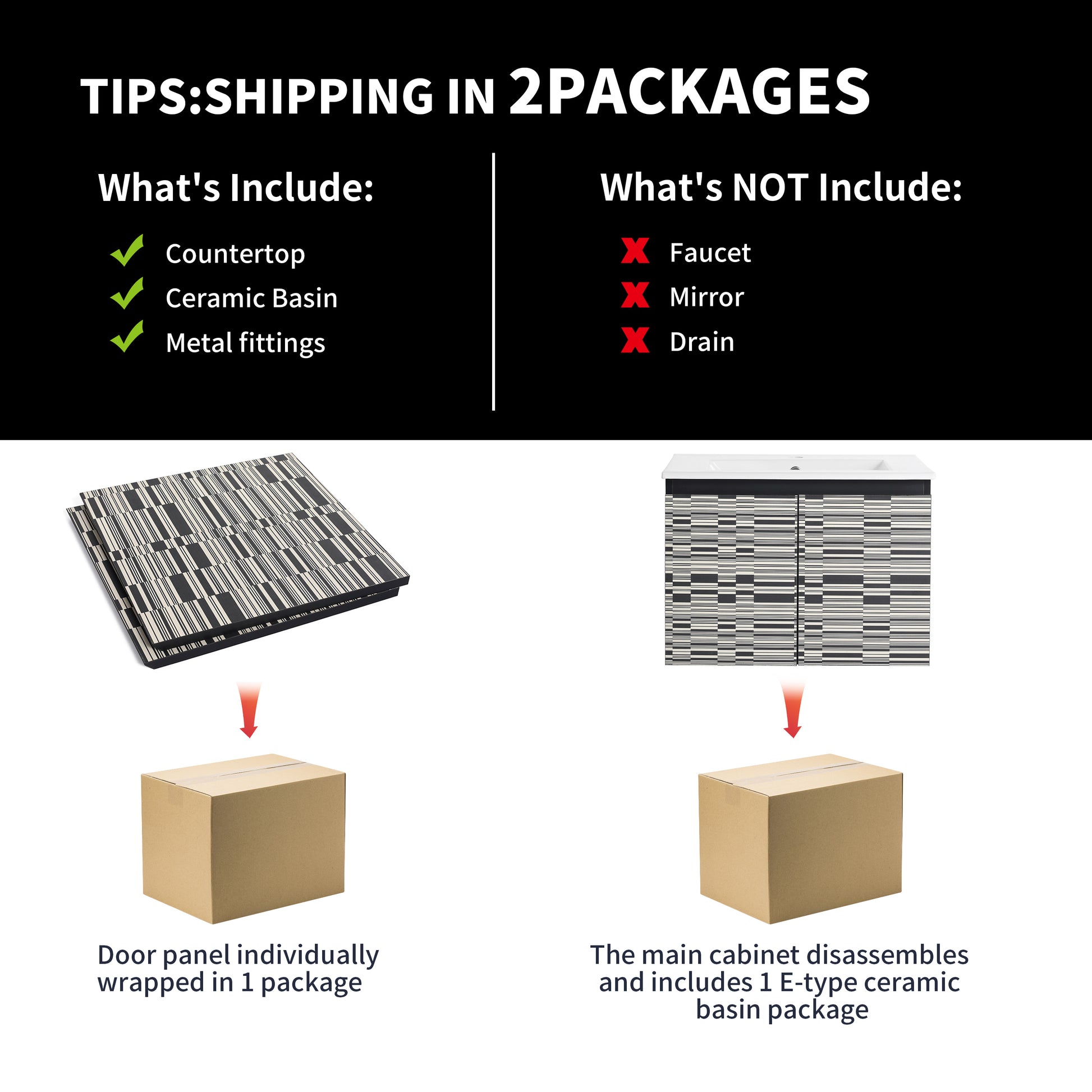 Two countertop panels with a striped black and white pattern individually packaged