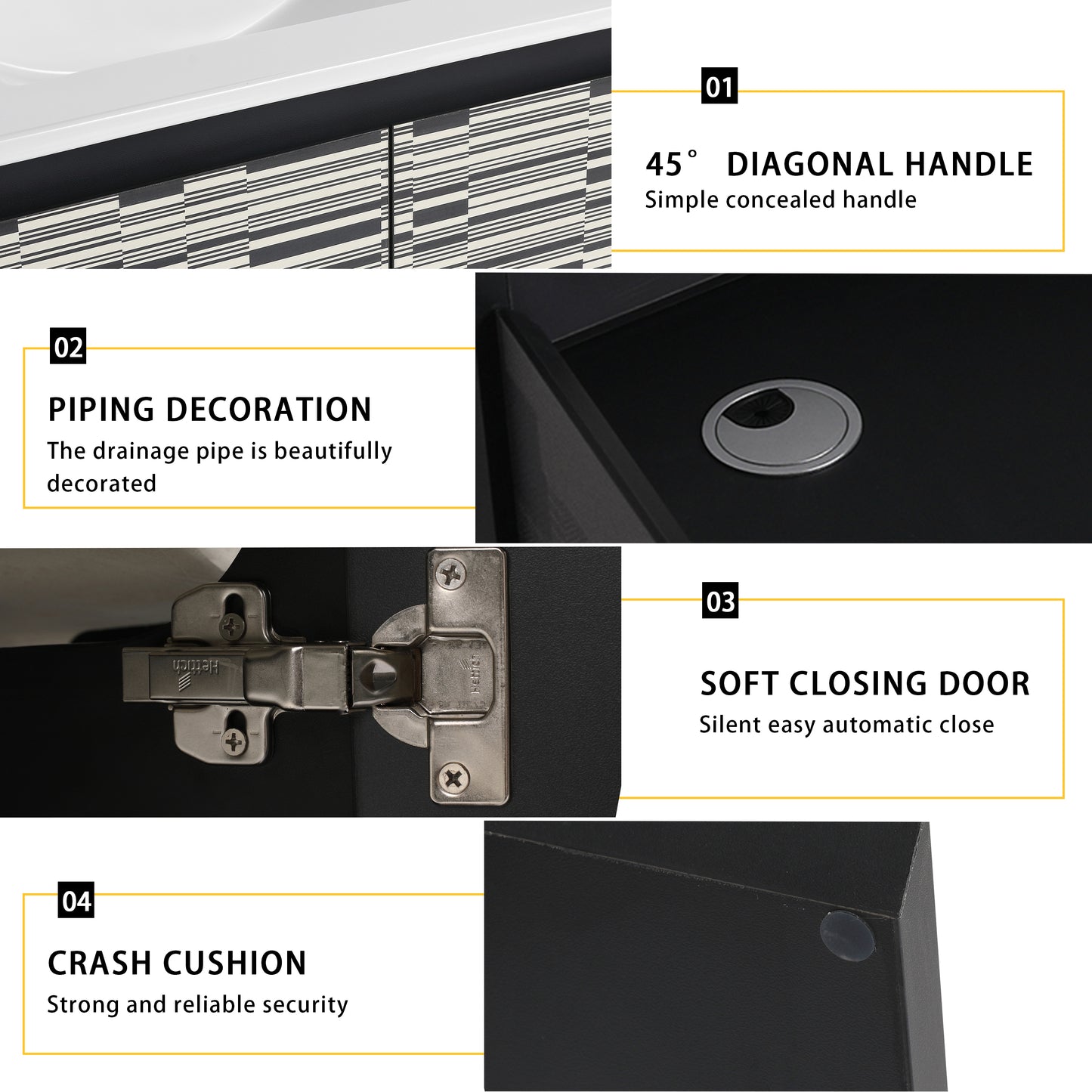 Black kitchen cabinet with a degree diagonal handle for a sleek look