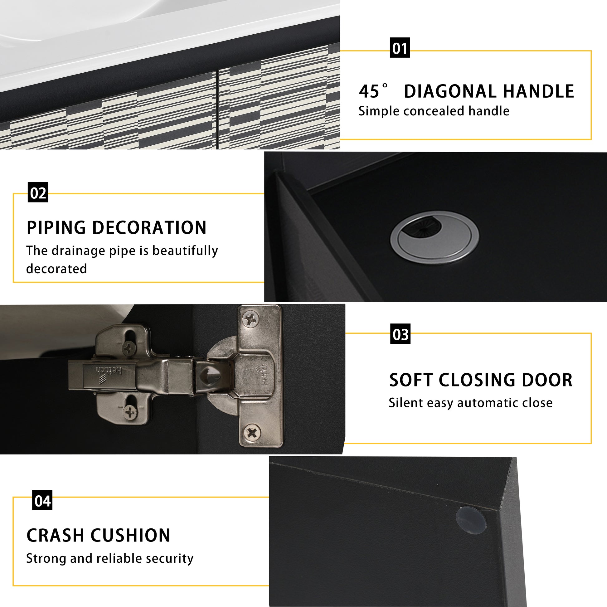 Black kitchen cabinet with a degree diagonal handle for a sleek look