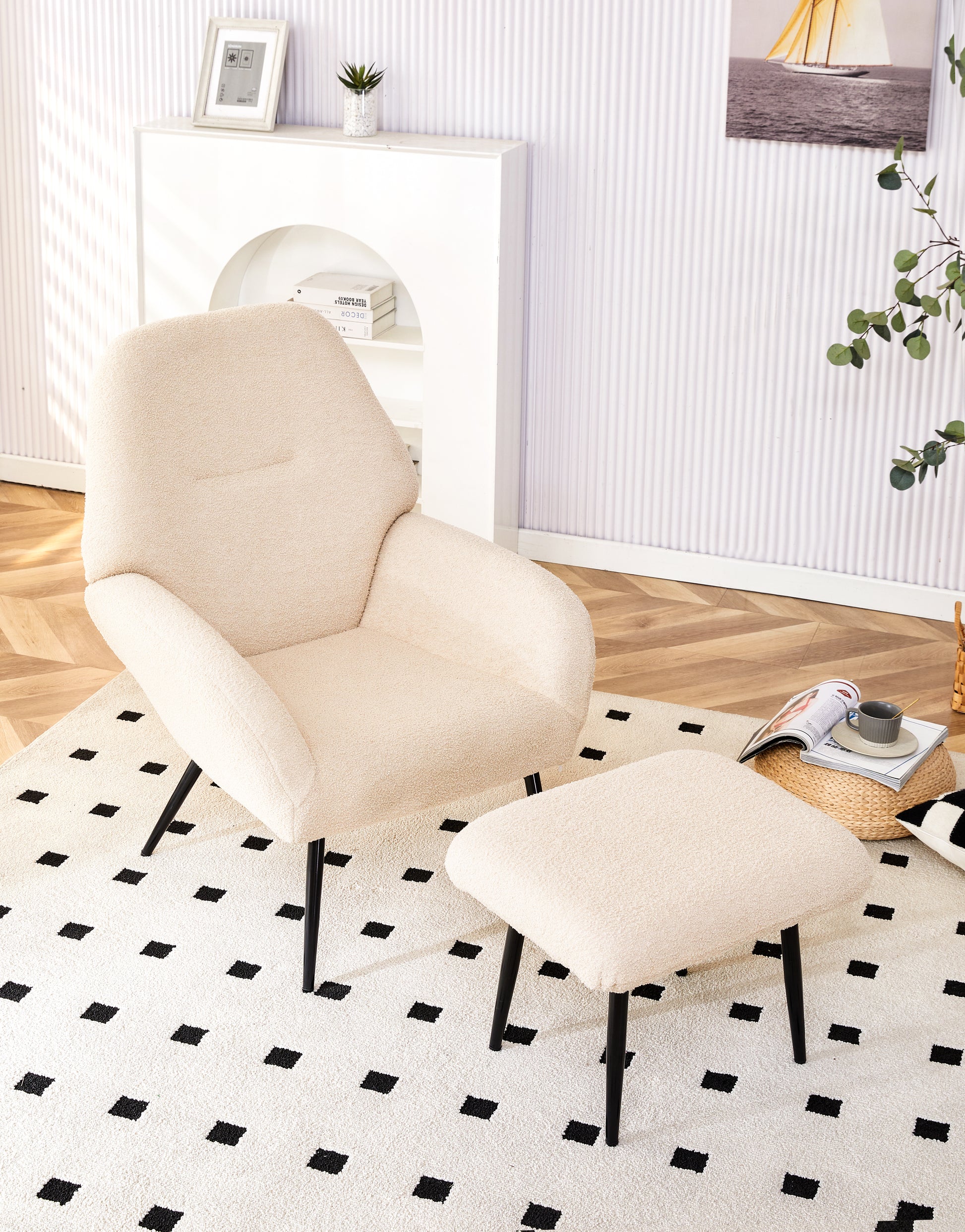 Cream boucl accent chair with black legs perfect for living room comfort