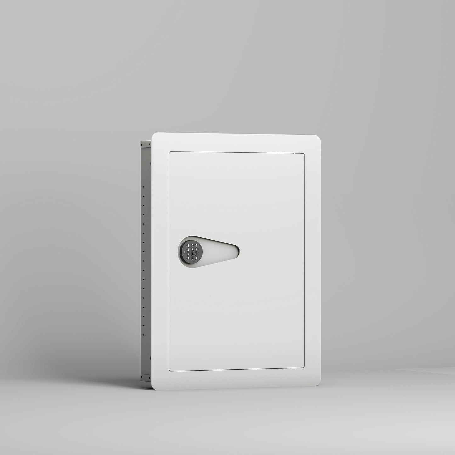 White recessed wall safe with digital keypad and modern design