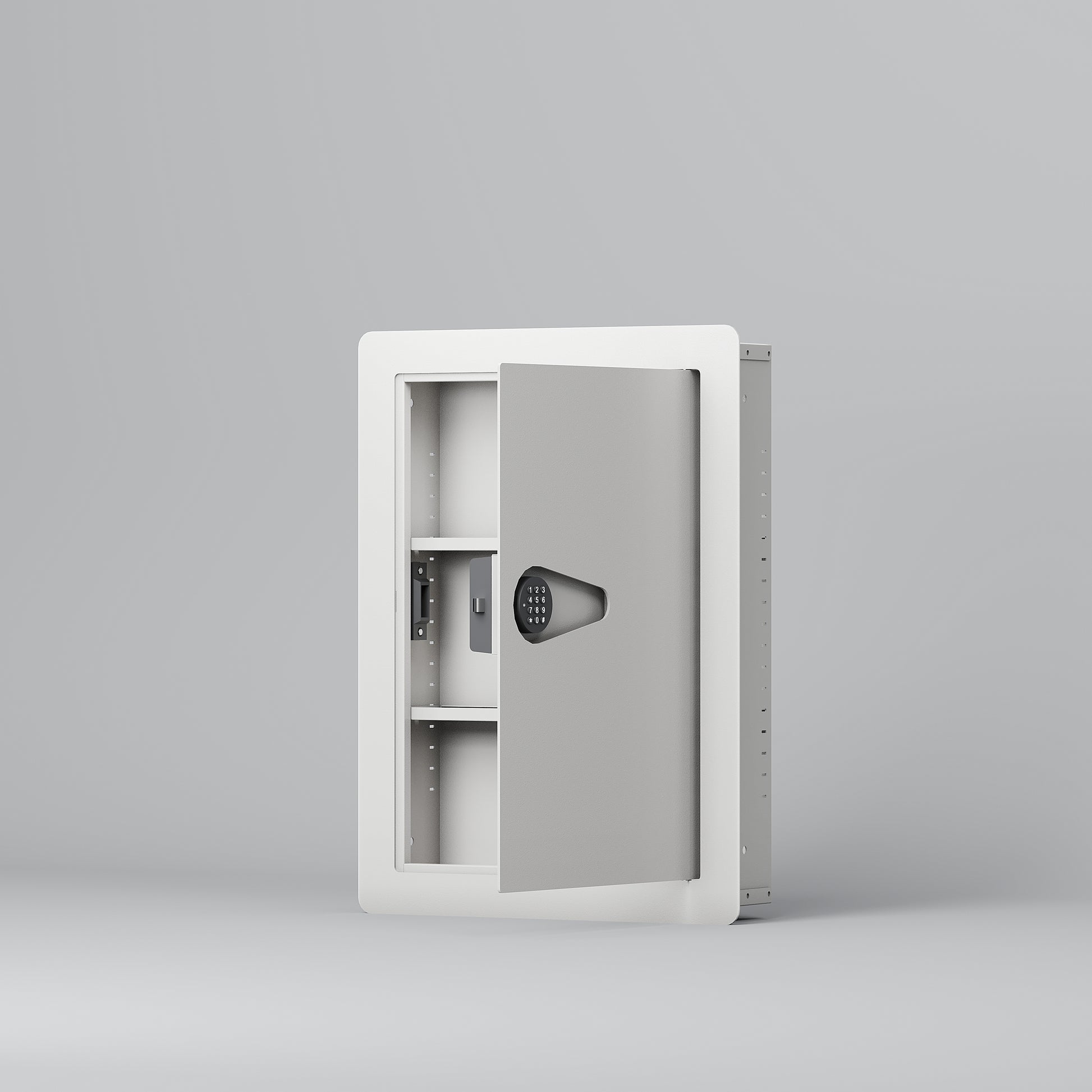 White recessed medicine cabinet with digital lock and open door featuring two shelves and silver handle