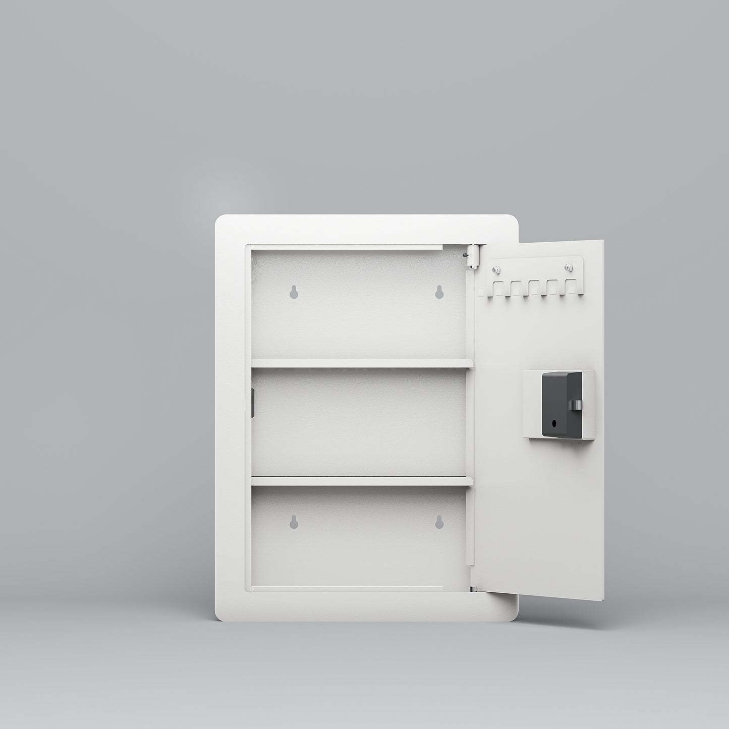 White metal medicine cabinet with three shelves and key hooks