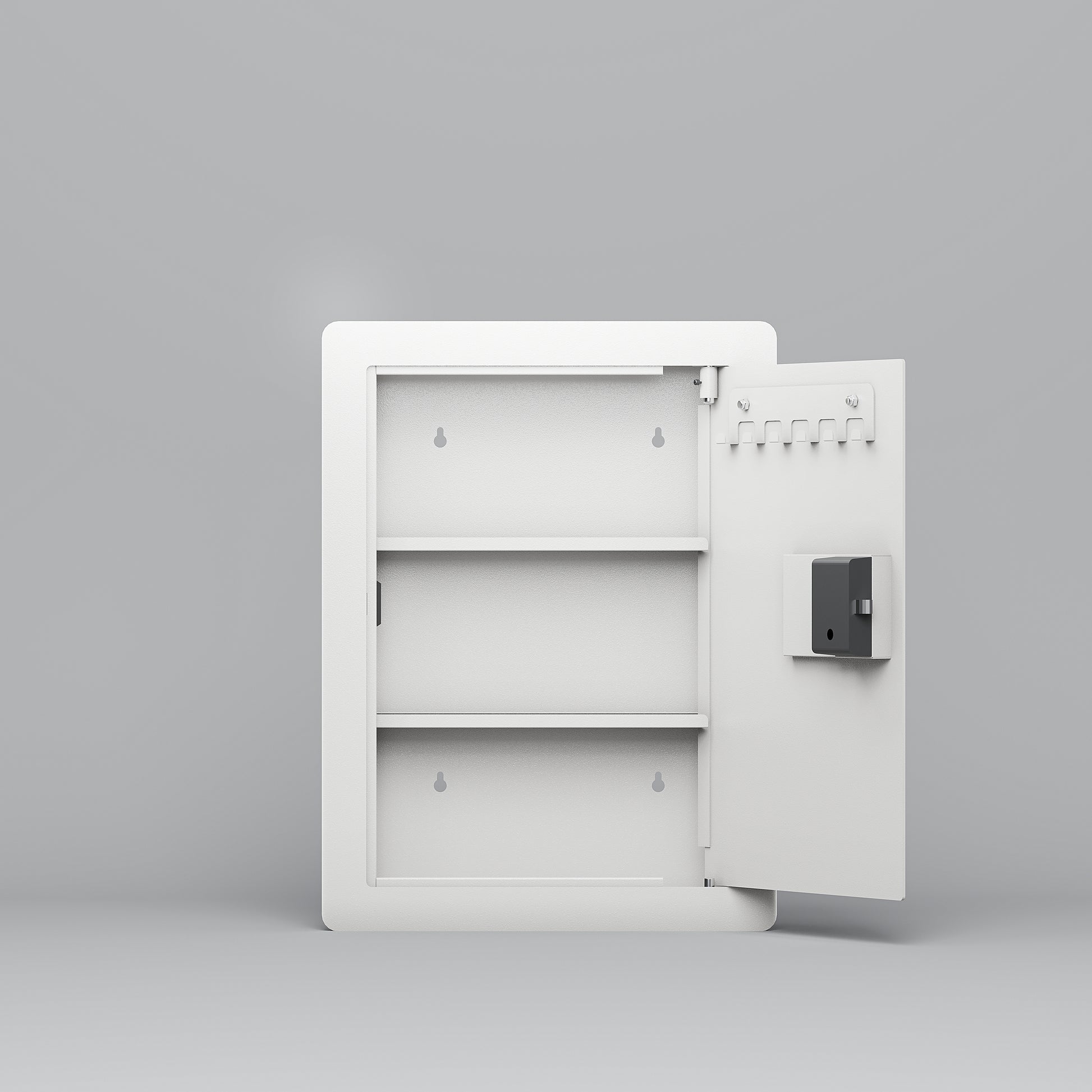 White metal medicine cabinet with three shelves and key hooks