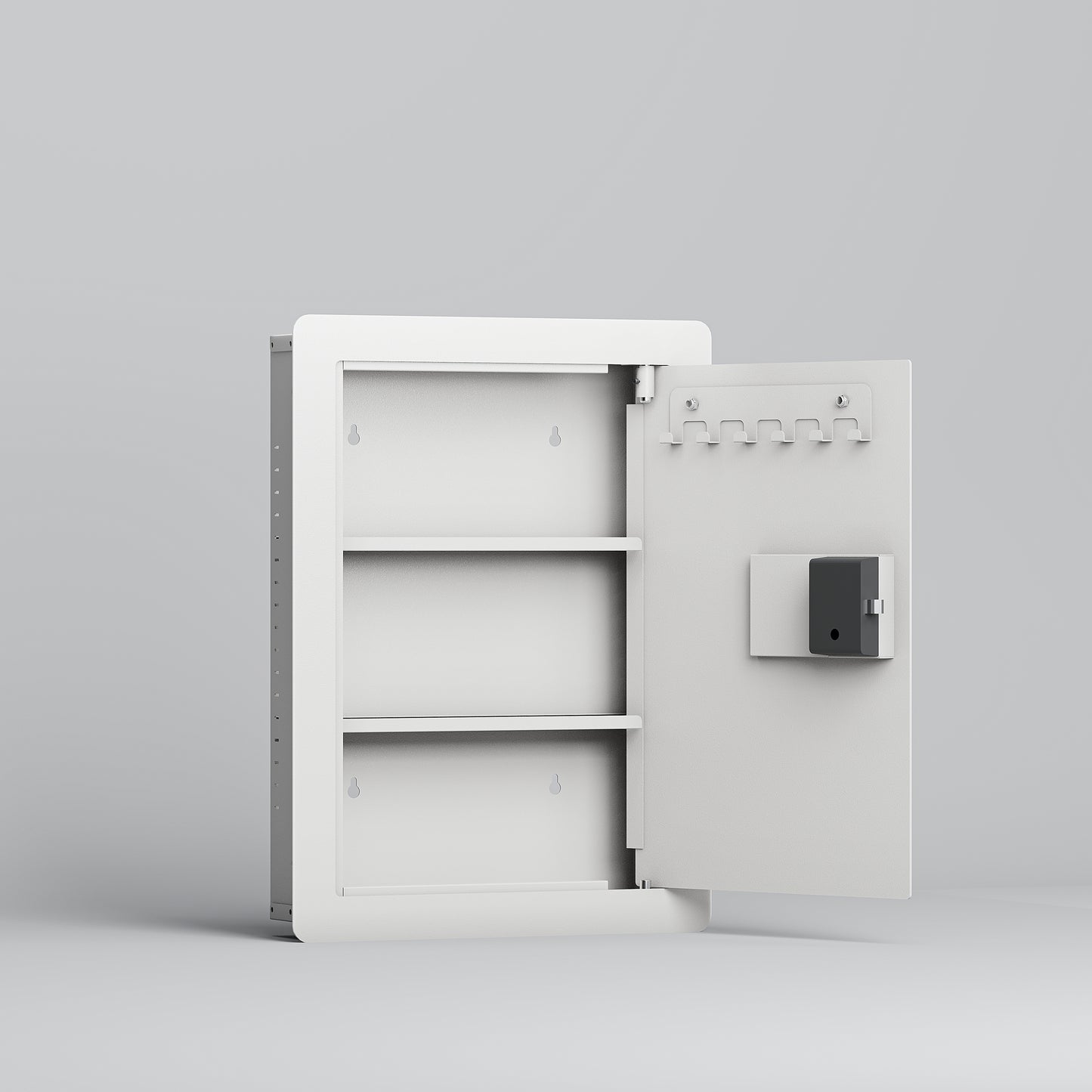 White metal medicine cabinet with three shelves and internal key hooks