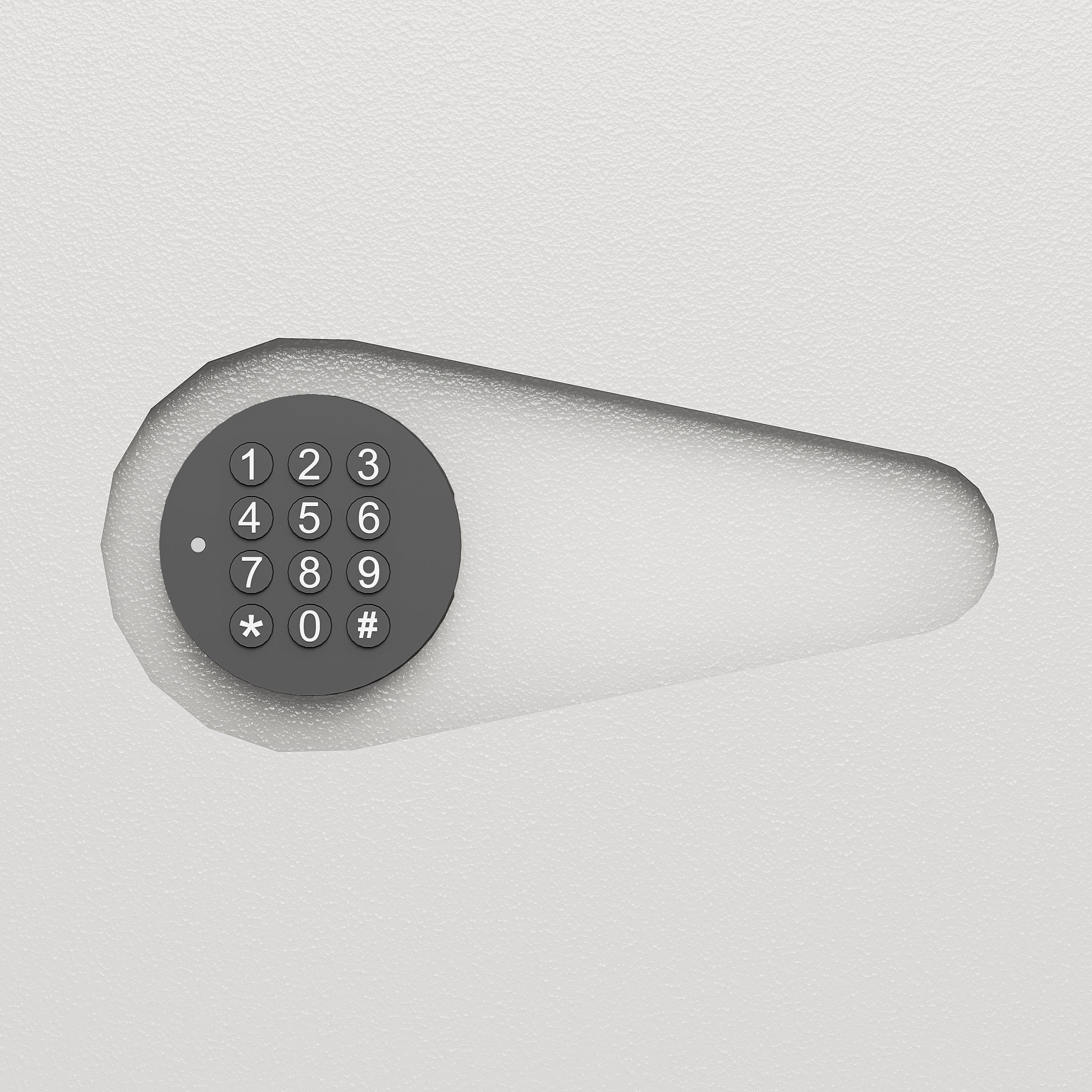 Closeup of a digital keypad on a white security safe featuring a circular button layout