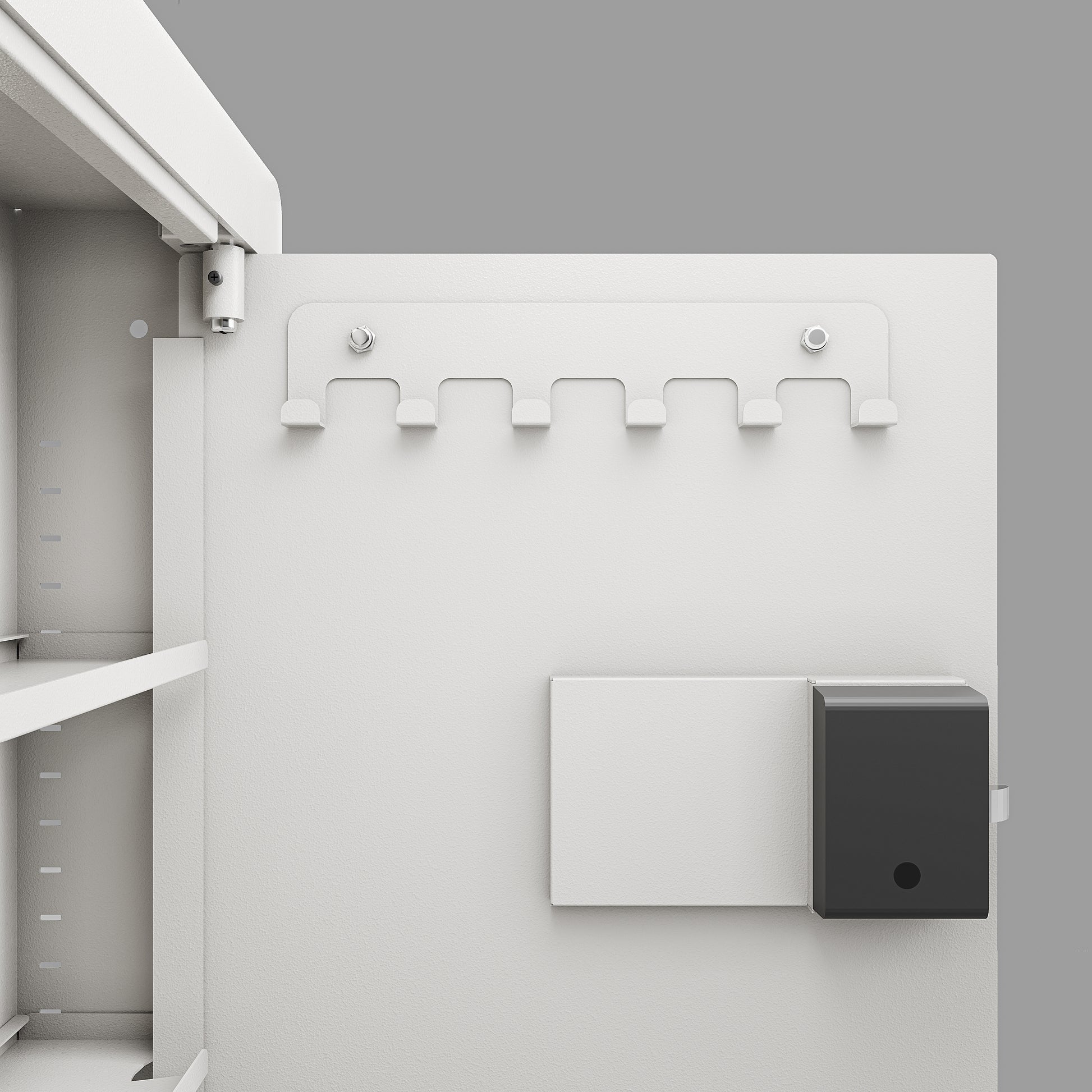 White metal cabinet interior with multiple hooks for organization