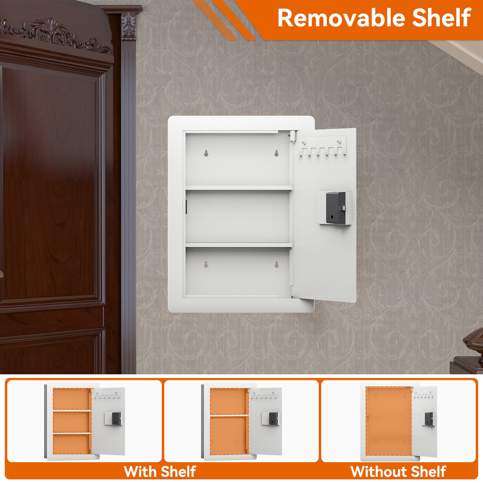White metal wall safe with two removable shelves and key hooks digital lock