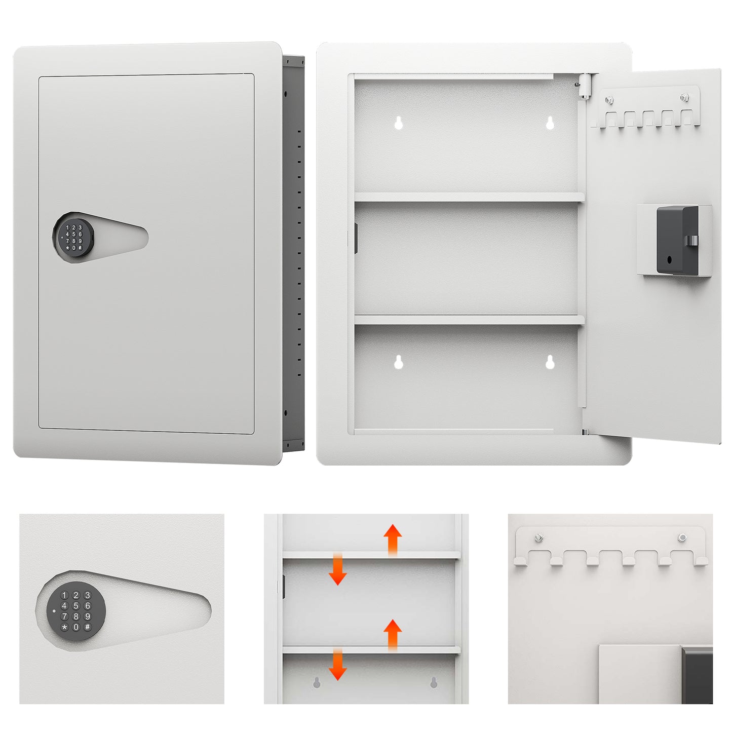 Gray steel wall safe with digital keypad and interior key hooks for secure storage