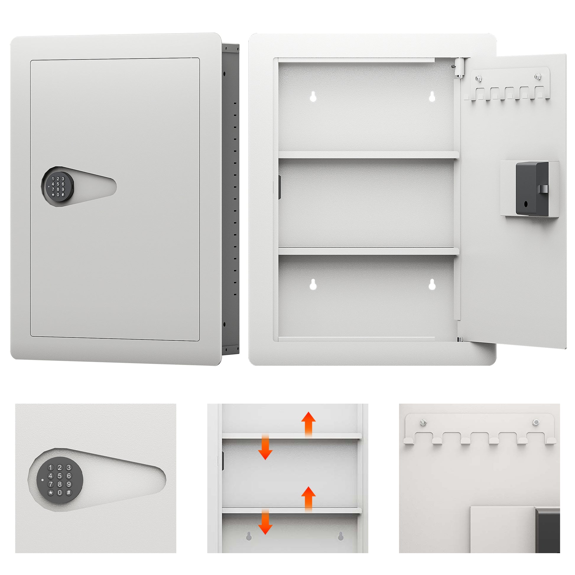 Gray steel wall safe with digital keypad and interior key hooks for secure storage