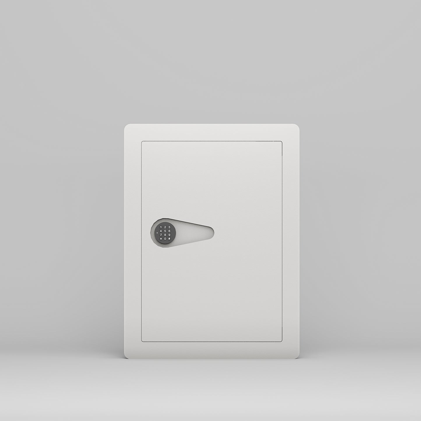 Small white digital safe with keypad lock and silver handle for home security
