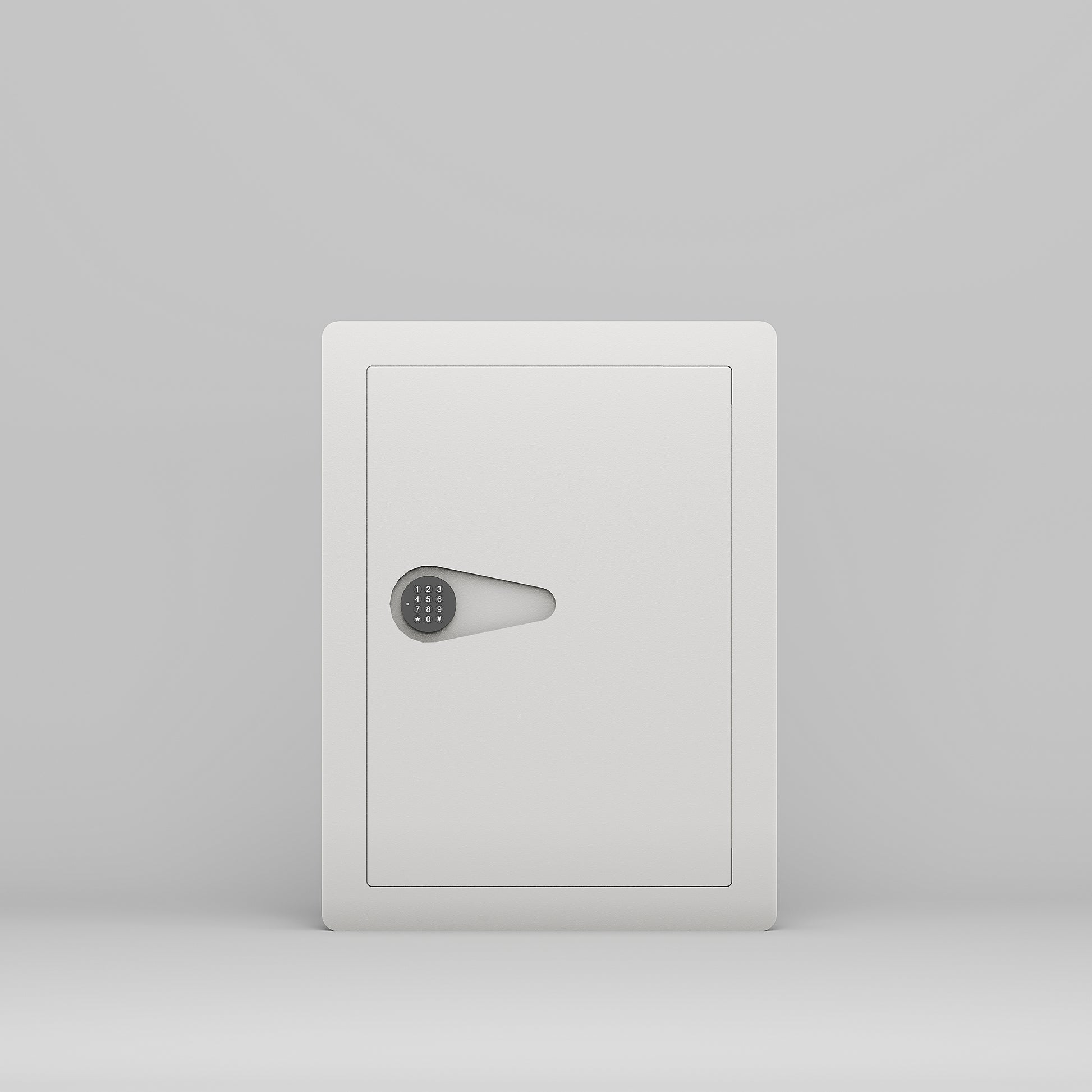Small white digital safe with keypad lock and silver handle for home security