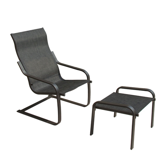 Dark gray sling fabric lounge chair with matching ottoman for outdoor relaxation