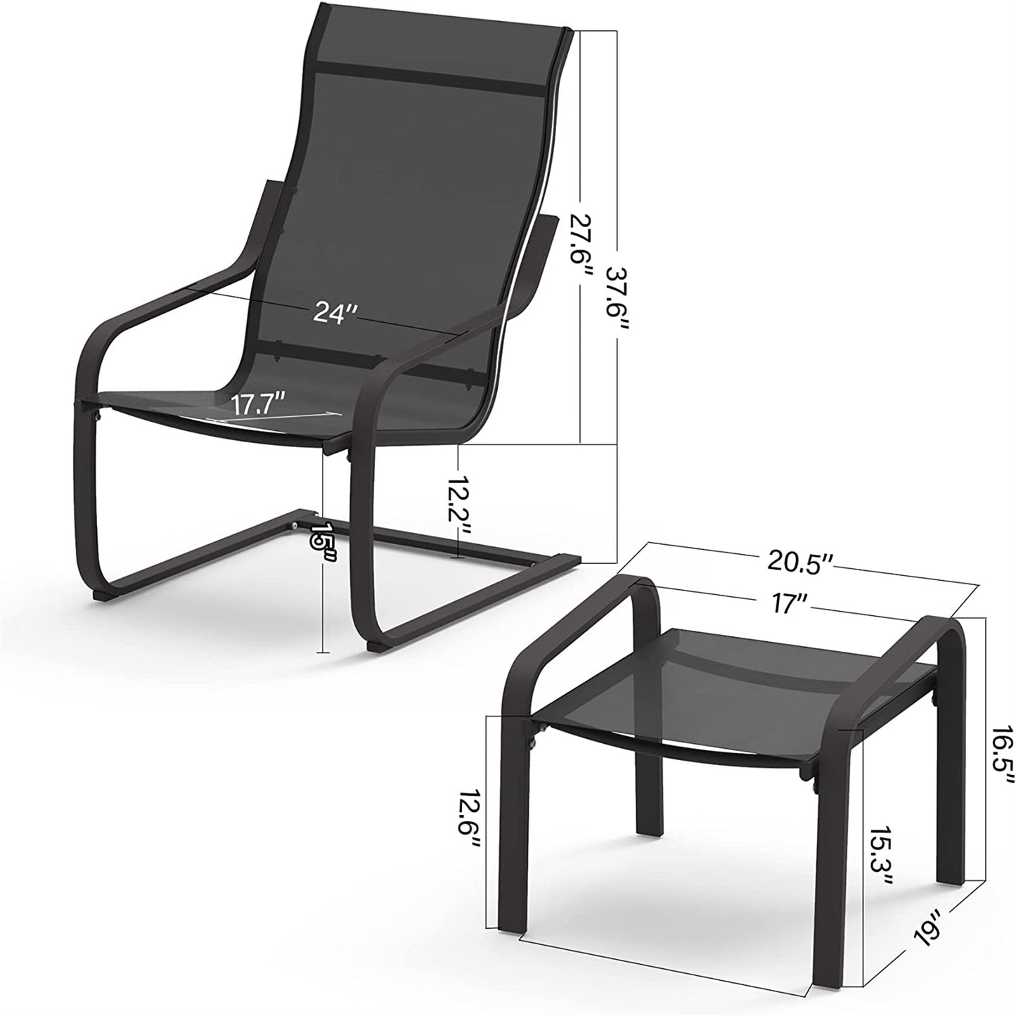 Dark gray metal outdoor chair with mesh seat and back dimensions shown