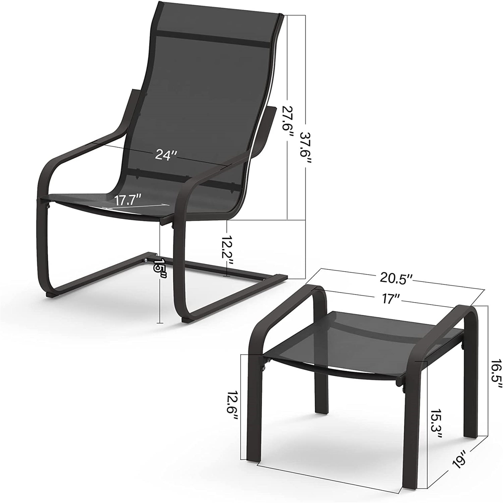 Dark gray metal outdoor chair with mesh seat and back dimensions shown