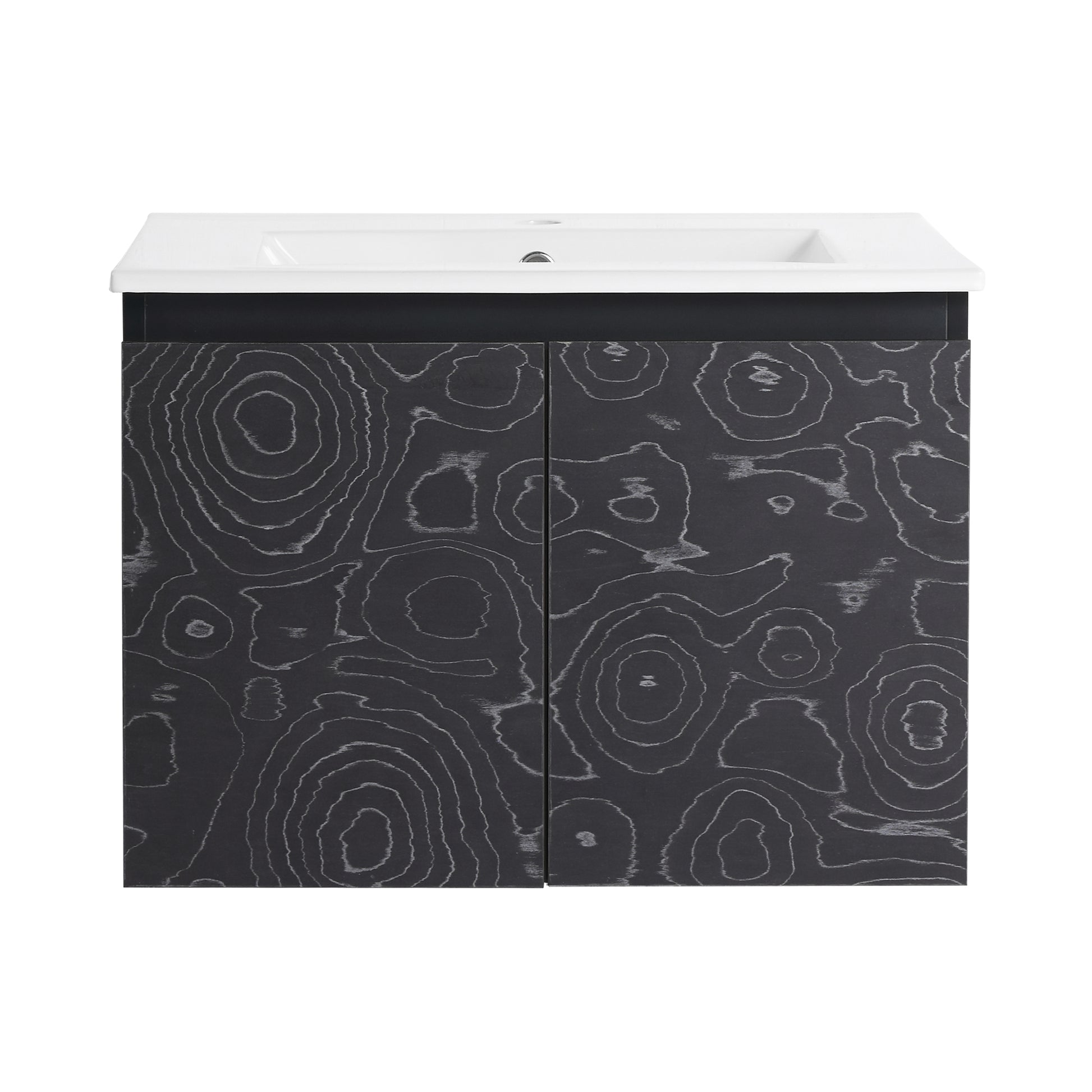 Charcoal grey vanity with white porcelain sink and textured woodgrain doors