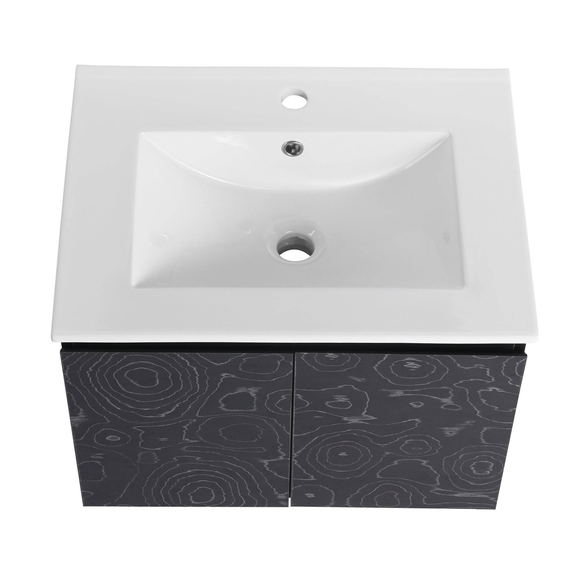 White ceramic sink vanity with dark wood grain double doors