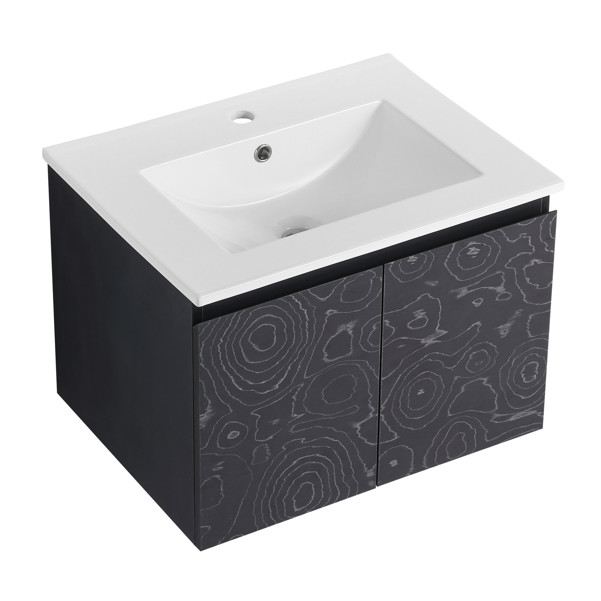 Modern wallmounted vanity with a white ceramic basin and dark grey cabinets featuring a unique woodgrain pattern