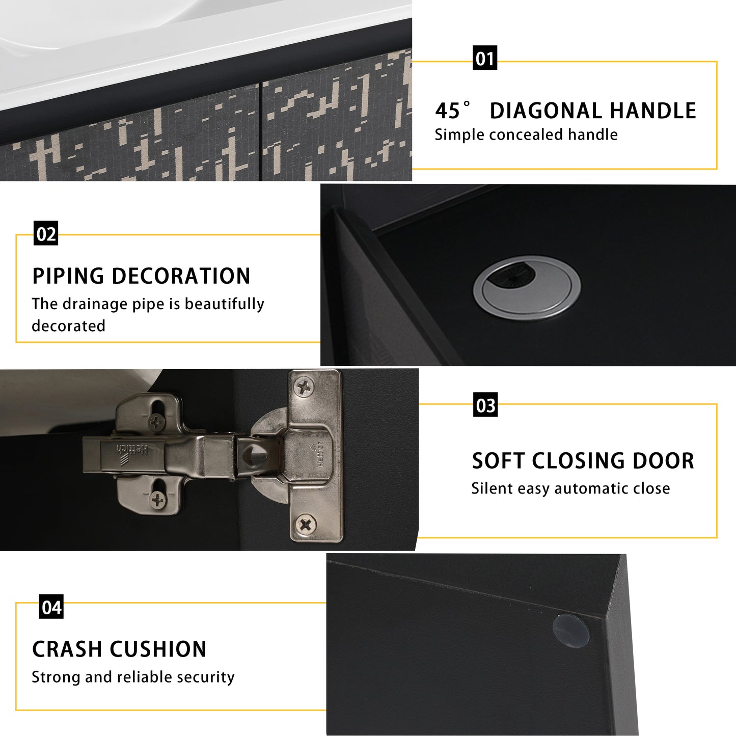 Cabinet with textured dark grey and beige front panels featuring a degree diagonal handle