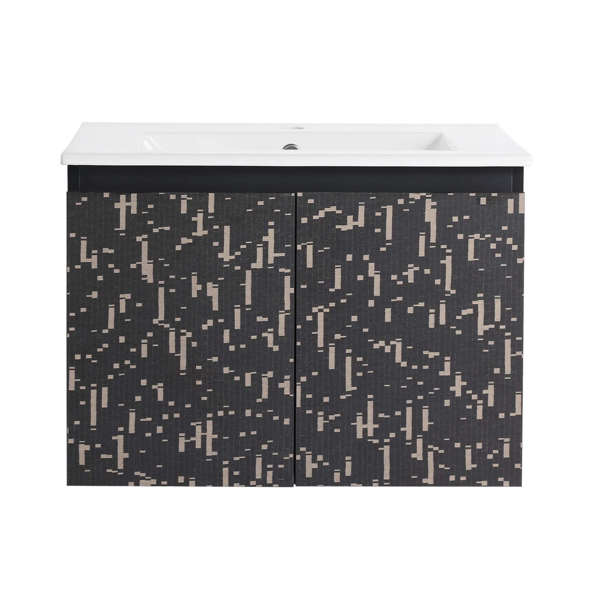 Black modern vanity with abstract pixelated pattern and white ceramic sink
