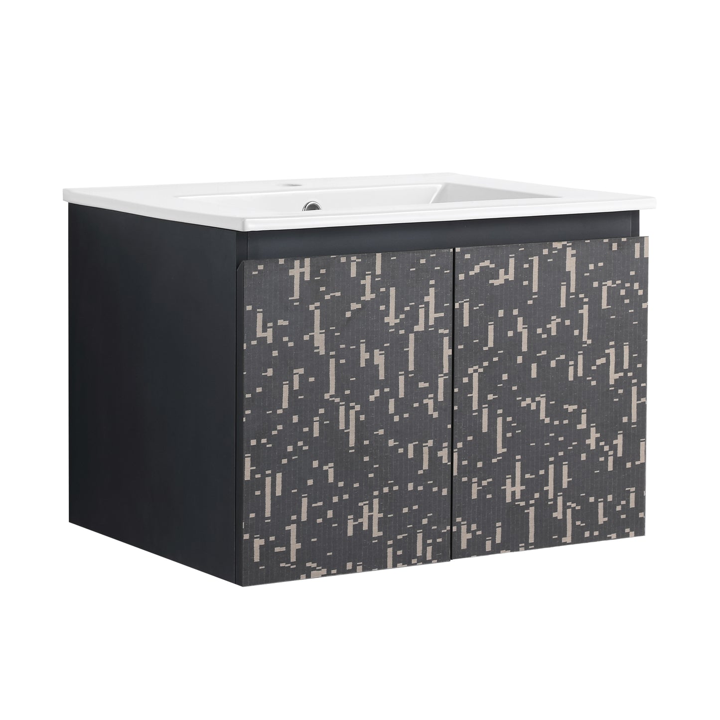 Modern gray vanity cabinet with patterned doors and white ceramic sink