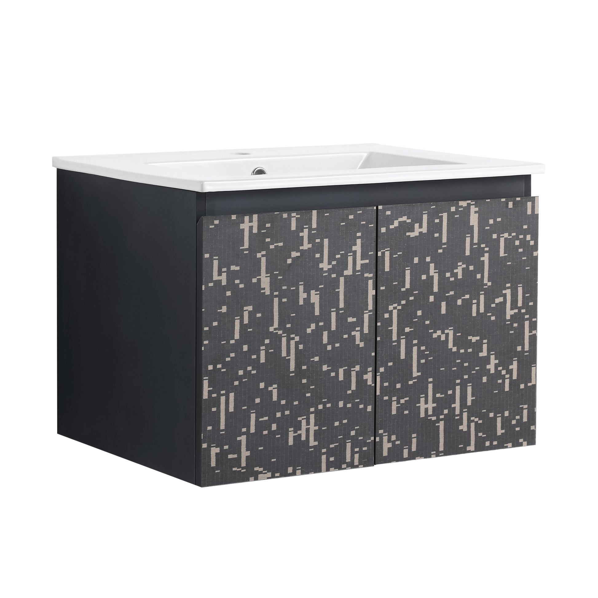 Modern gray vanity cabinet with patterned doors and white ceramic sink