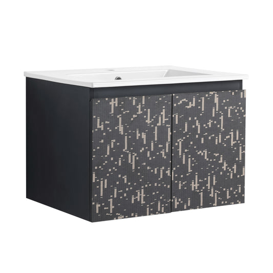 Modern gray vanity cabinet with patterned doors and white ceramic sink