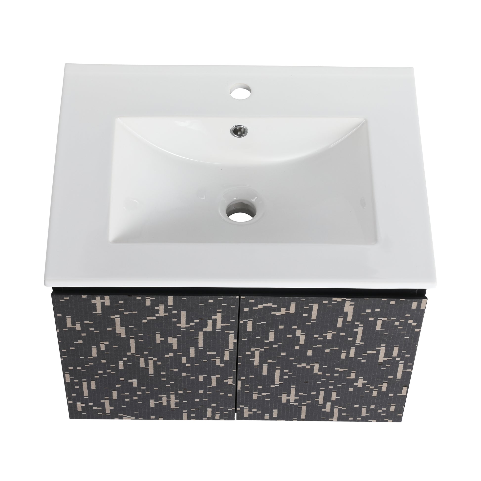 Modern white ceramic vessel sink with a dark patterned vanity base for a stylish bathroom