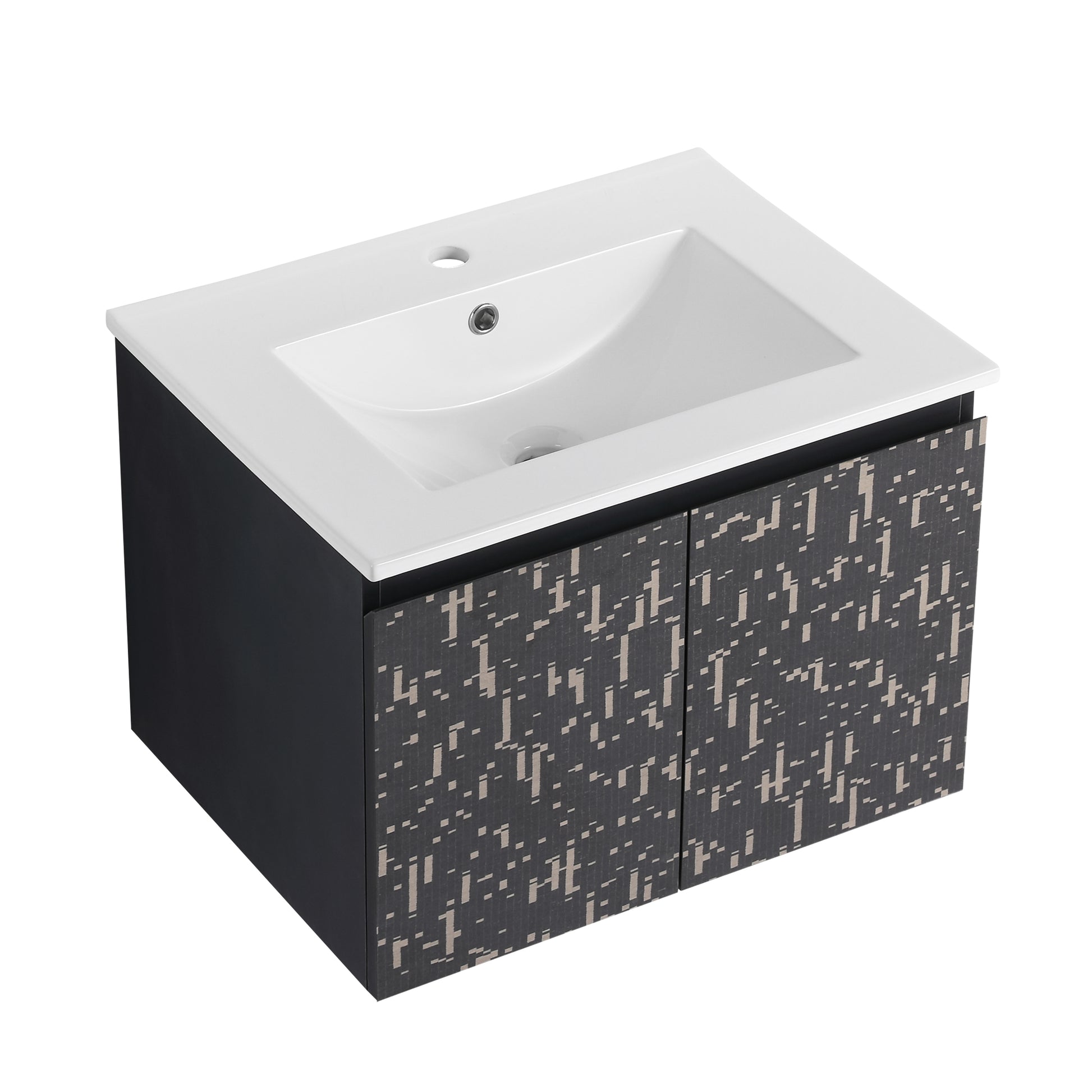 Modern wallmounted vanity with white ceramic sink and dark grey cabinet featuring abstract pattern