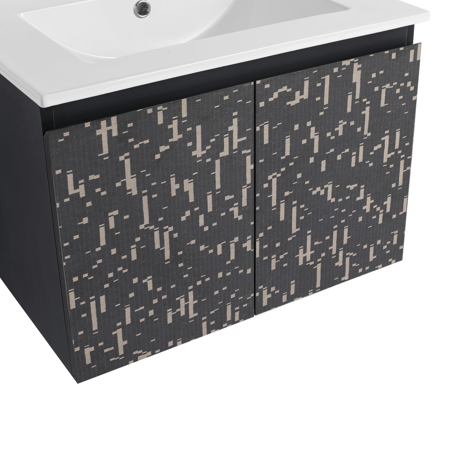 Dark gray bathroom vanity with textured abstract pattern on cabinet doors