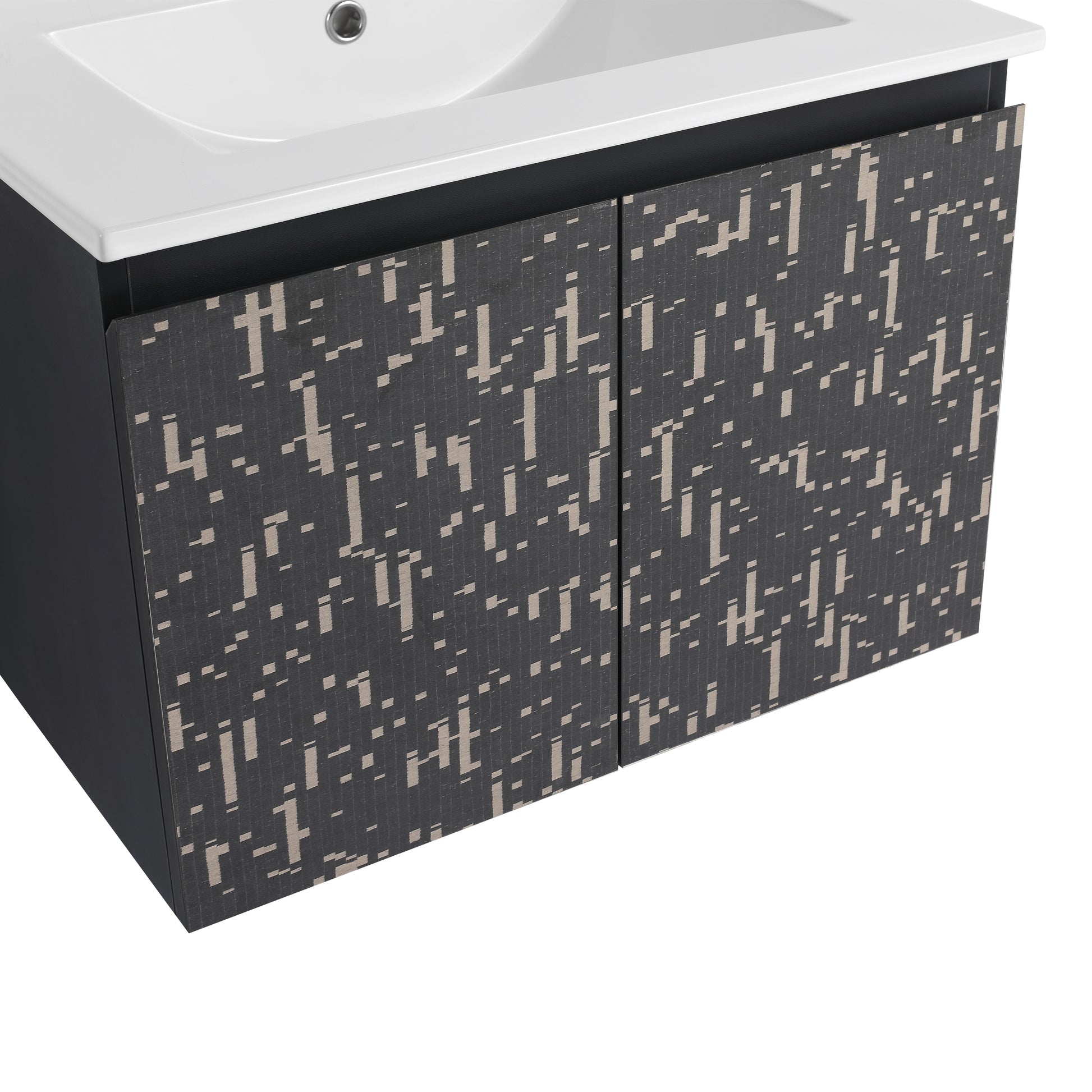 Dark gray bathroom vanity with textured abstract pattern on cabinet doors