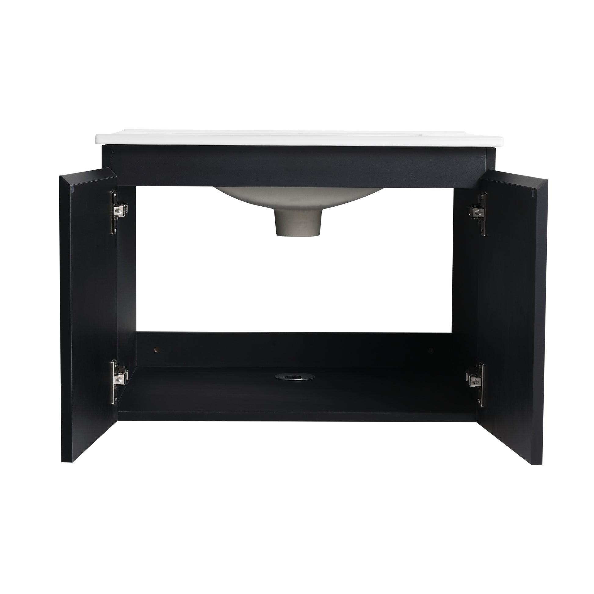 Dark gray modern bathroom vanity with open cabinet doors and integrated sink