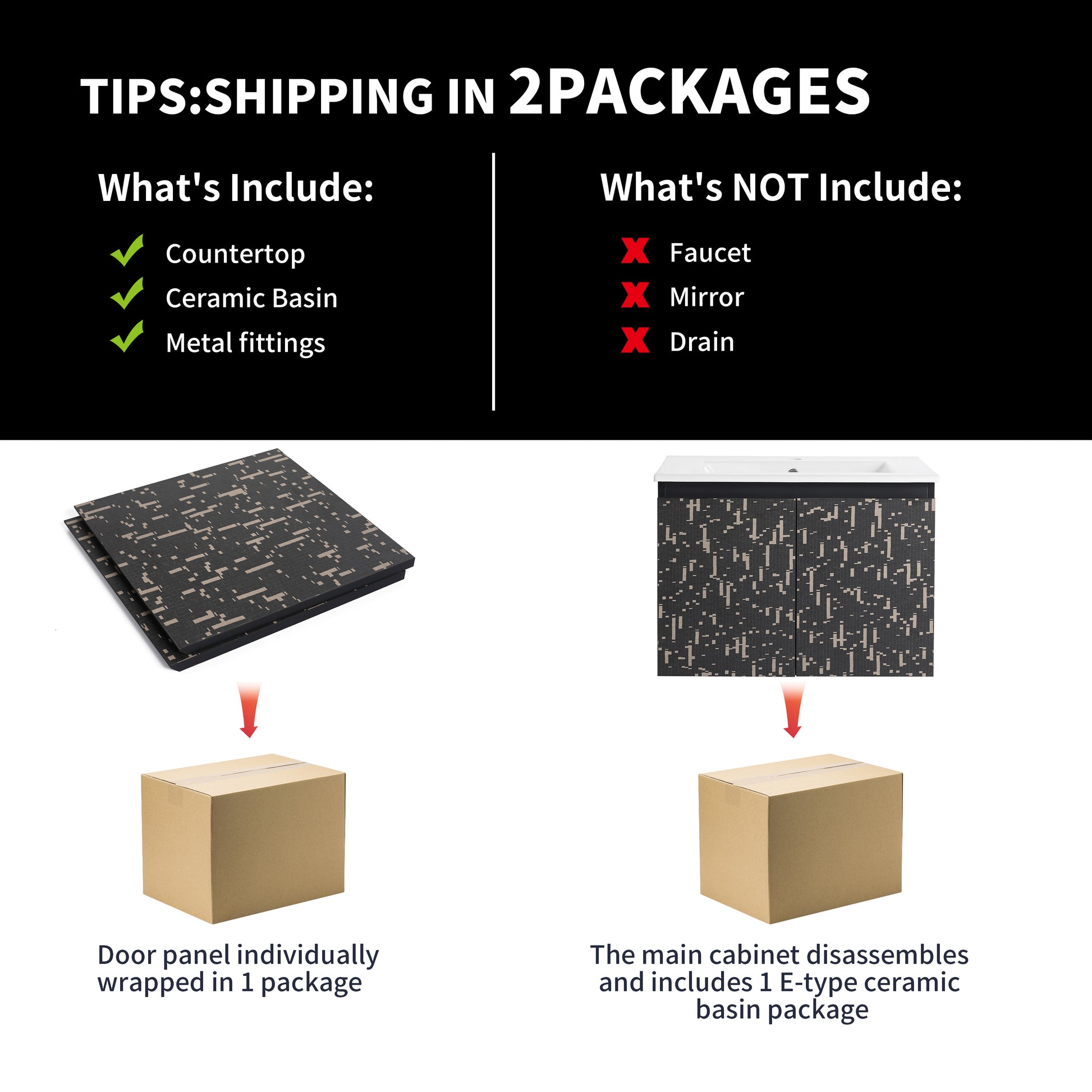 Two black cabinet door panels with a beige digital camouflage pattern packaged individually