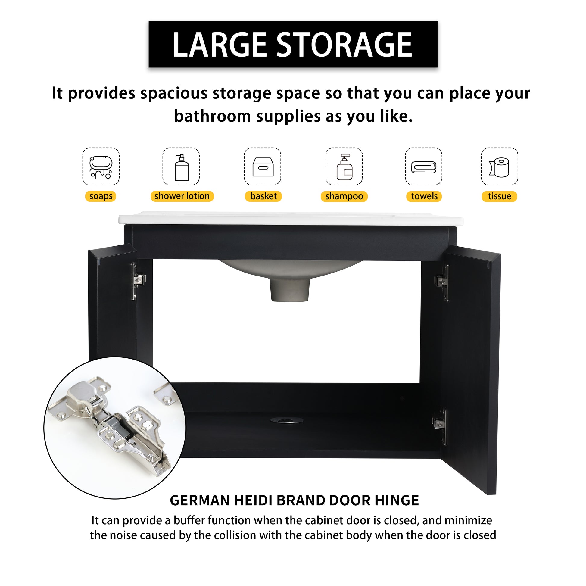 Black bathroom vanity with ample storage space for supplies