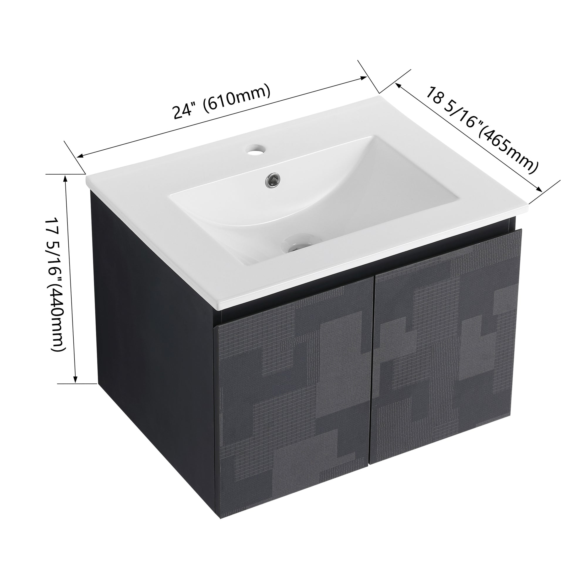 inch modern wallmount vanity with a white ceramic sink and grey geometric cabinet doors