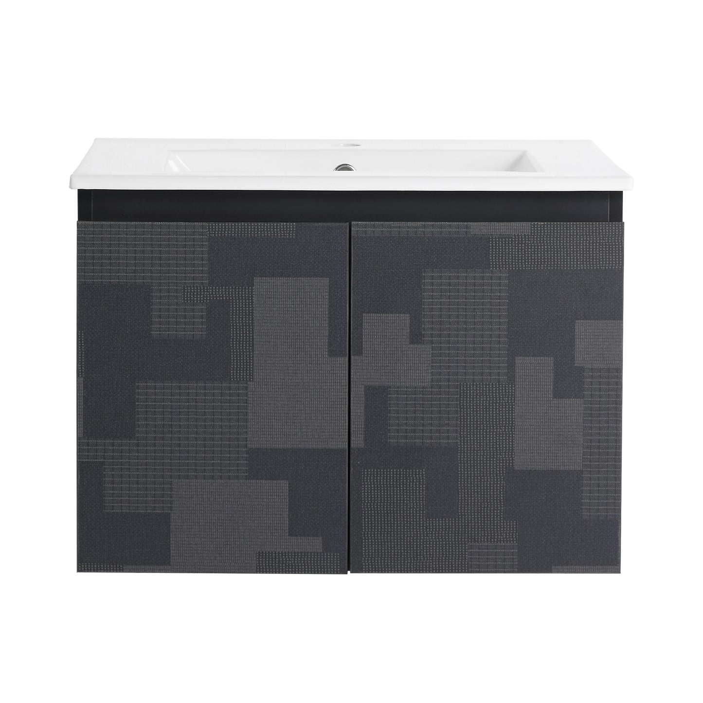 Modern dark gray vanity cabinet with a geometric textured pattern and integrated white sink basin