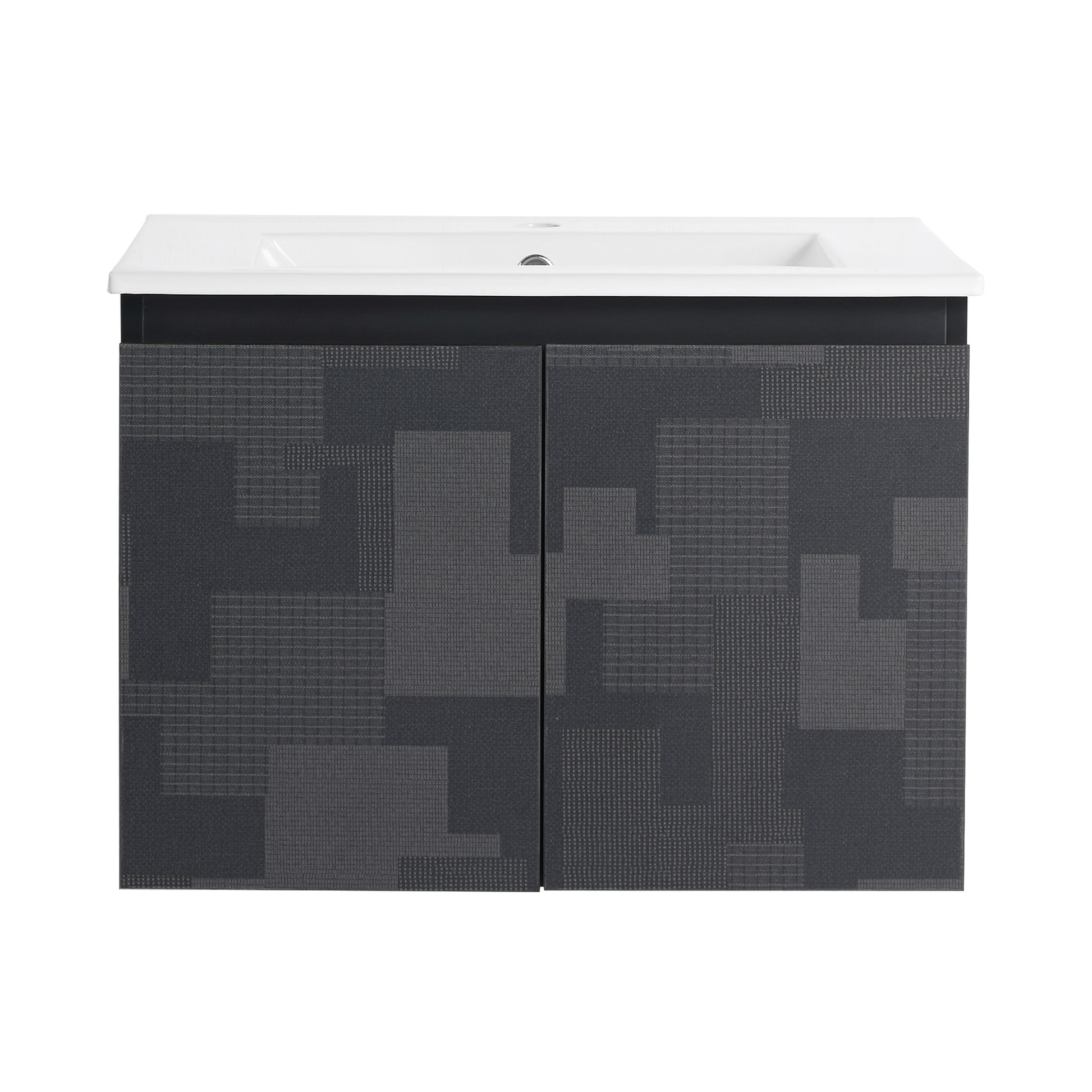 Modern dark gray vanity cabinet with a geometric textured pattern and integrated white sink basin