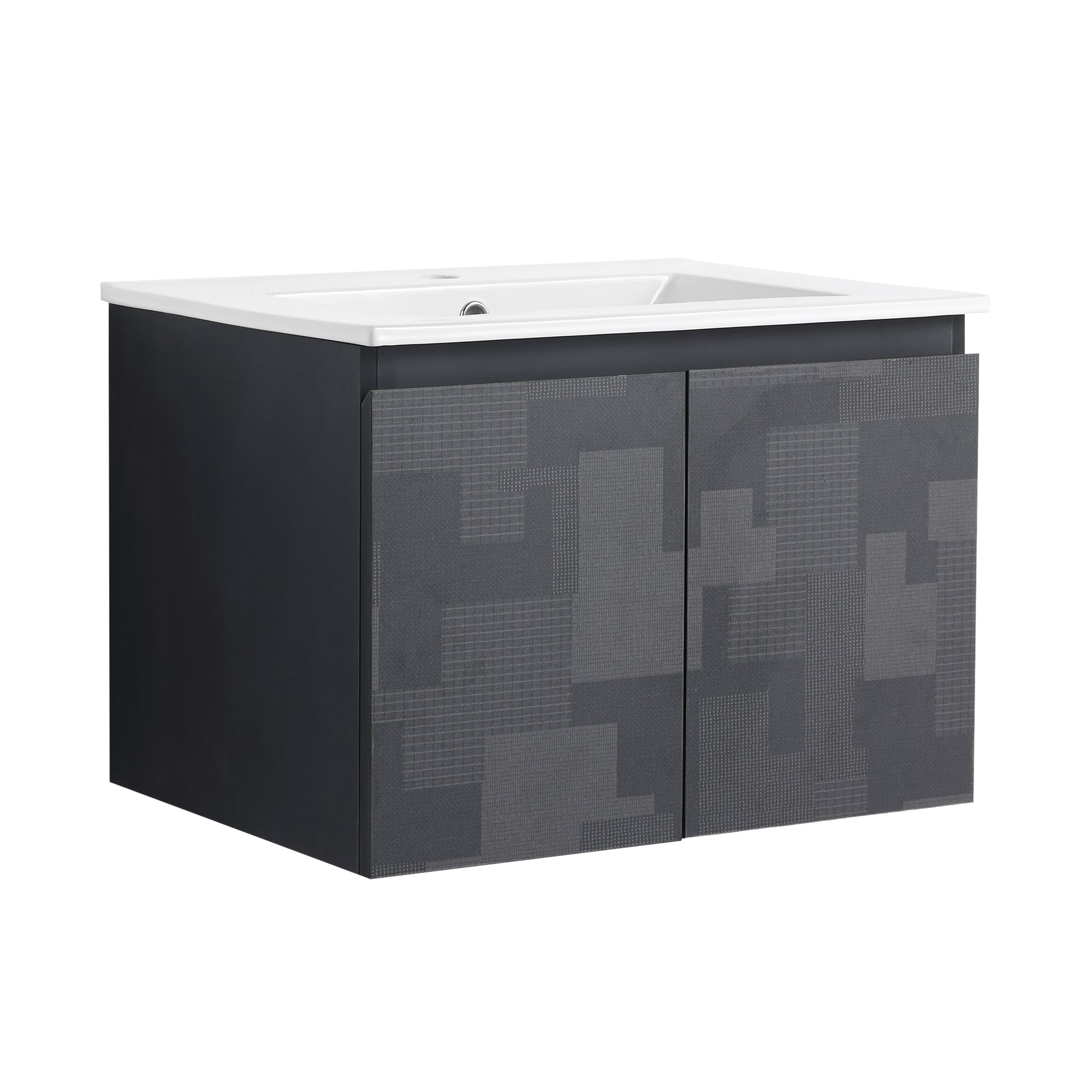 Modern grey vanity cabinet with textured geometric door fronts and integrated white sink