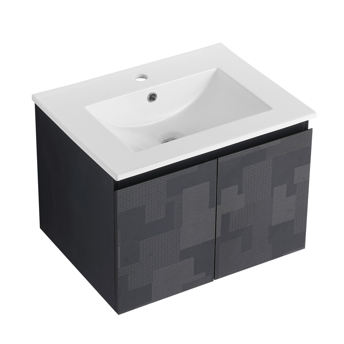 Modern dark grey vanity with a geometric textured door design and white ceramic basin